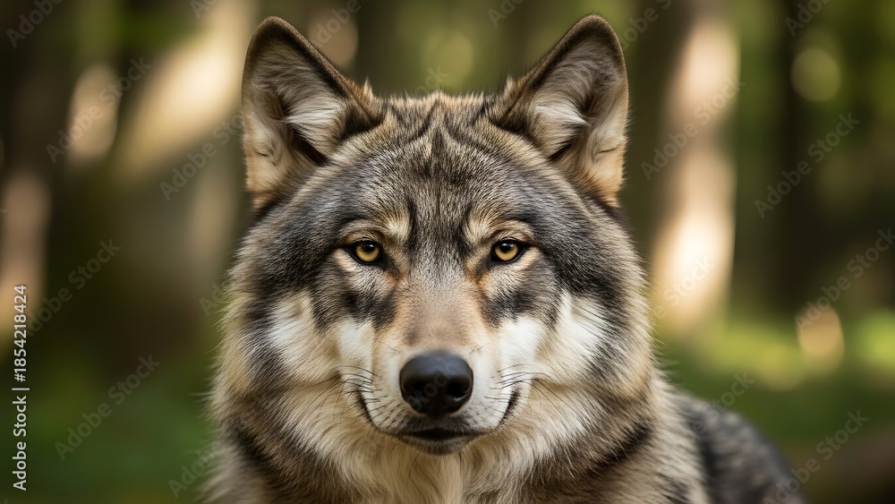 Fototapeta premium Intense Portrait of a Gray Wolf Looking Directly at the Camera in a Natural Woodland Setting