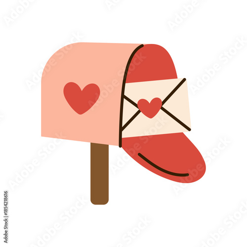 Vector mailbox with heart and love letter. Cute clipart for Valentines Day, post, romantic messages, greeting cards, wedding, and festive design in flat style.