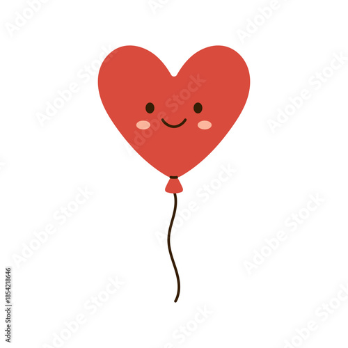 Vector smiling heart shaped balloon with face, red color. Cute festive clipart for Valentines Day, greeting card, party, decoration, childrens holiday or romantic design in flat style.