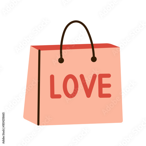 Vector pink shopping bag with love text. Cute element for Valentines Day, sale, shopping, romantic gift, present, shop promotion and holiday design in flat style.