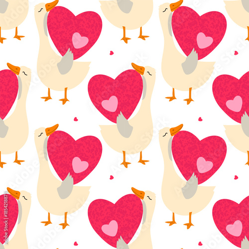 Seamless pattern of cute ducks with hearts, with fluffy feathers, Valentine's Day, in textured style, soft pink colors, isolated on white background. Vector.
