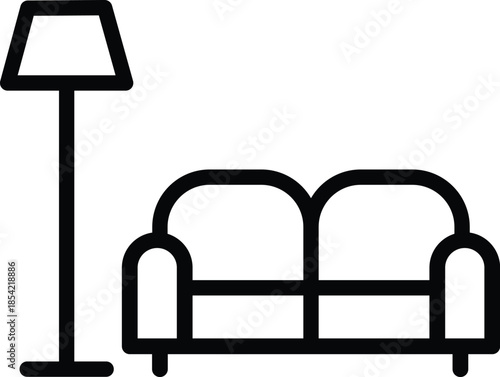 Minimalist cozy room sofa and floor lamp line art icon for interior design