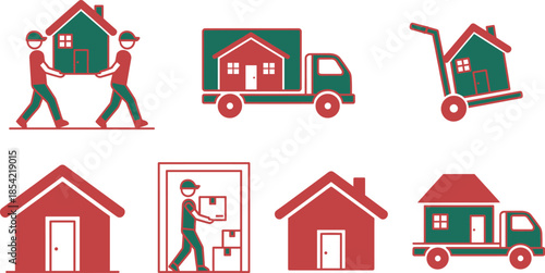 Moving service icon set with house transport, manual labor, and storage visuals for relocation, logistics, and housing-themed design use.