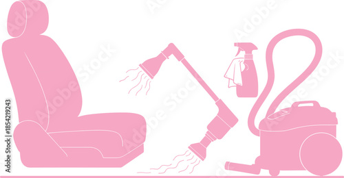 Pink illustration of car seat cleaning with steam cleaner, spray bottle, cloth, and vacuum hose on white background