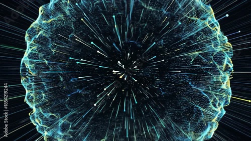 Abstract digital explosion with vibrant blue and yellow particles radiating outwards against a dark background.
