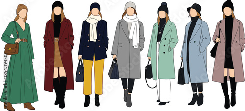 Stylized winter fashion silhouettes, coat and accessories, cold weather outfit inspiration, boots, scarf, hat, handbag, seasonal wardrobe, trendy look