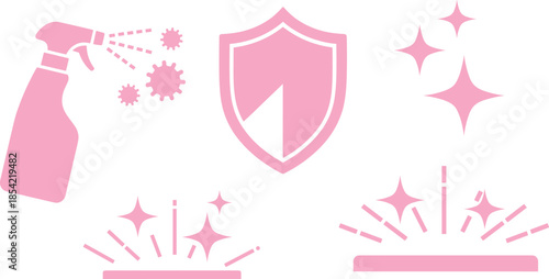 pink icons of spray bottle disinfecting viruses, shield for protection, and sparkles indicating cleanliness on white background