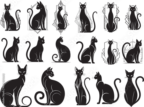 Art Deco Black Cat Silhouette Emblem Vector – Sleek Elongated Luxury Feline Logo with Deco Frame Lines, Flat Solid Black Printable Premium Business Branding (Isolated on White)