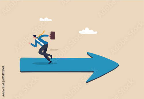 Wrong direction lead to mistake, leadership decision to be difference or opposite, mislead or false to get lost concept, confused businessman running in wrong opposite direction of trend arrow.
