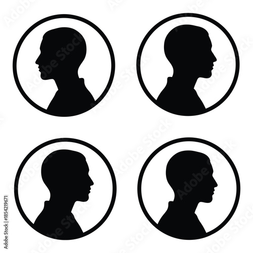 Four circular silhouettes depicting human head profiles in monochrome style