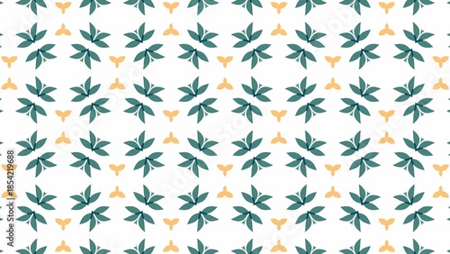 A pattern of green and yellow leaves is displayed on a white background