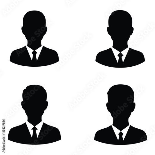 Four simple black silhouettes of men in suits and ties on white