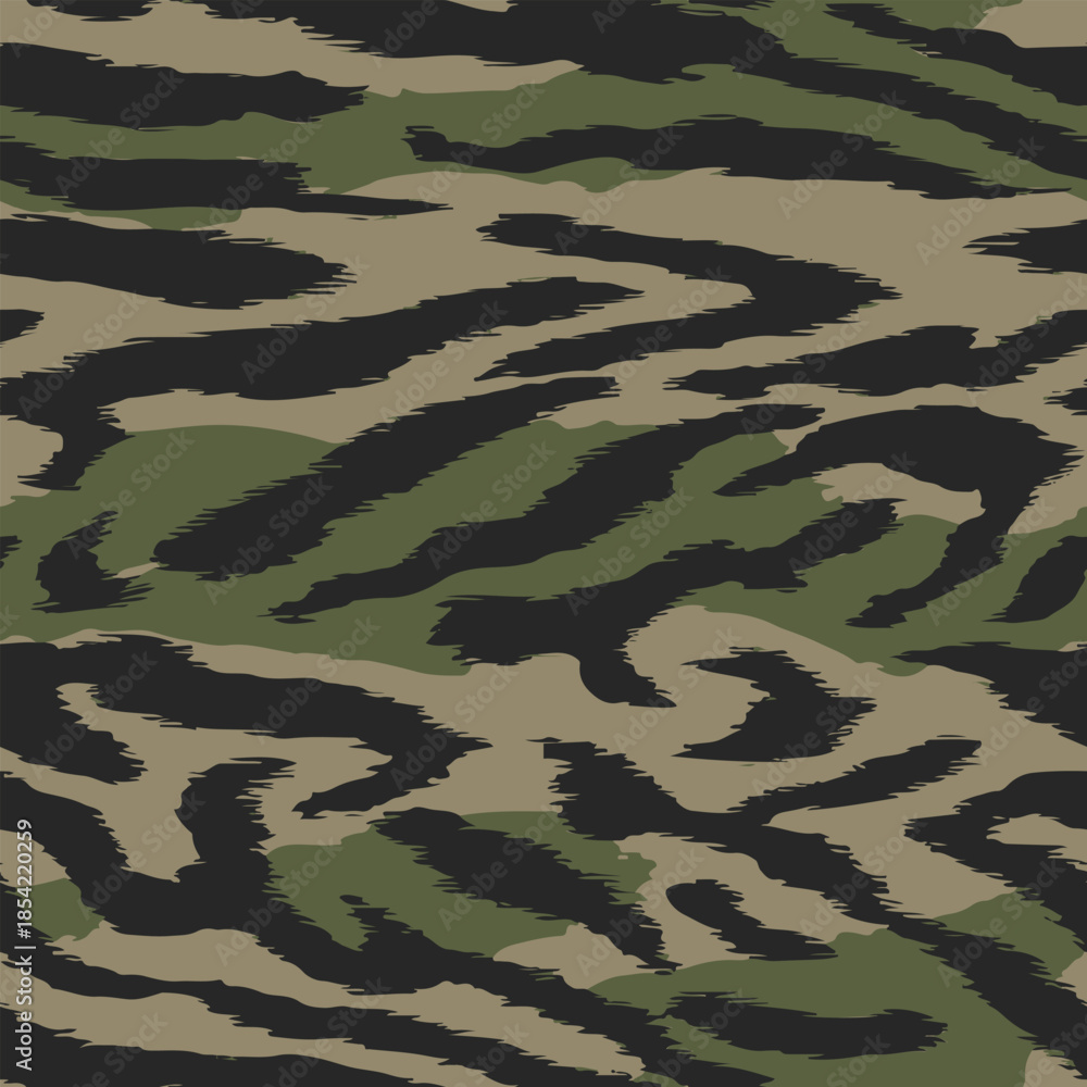 Fototapeta premium Camouflage seamless pattern. Tiger stripe camouflage pattern. Forest real tree camouflage design. Hunting camouflage. Tiger stripe pattern.