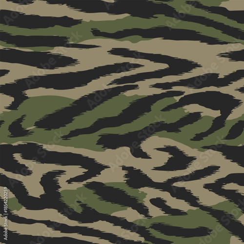 Camouflage seamless pattern. Tiger stripe camouflage pattern. Forest real tree camouflage design. Hunting camouflage. Tiger stripe pattern.