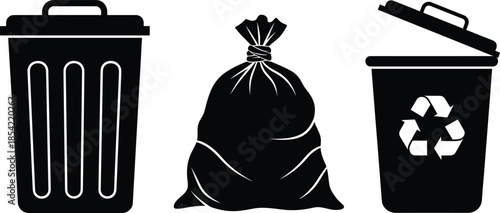 Black Silhouette Icons of Trash Can, Garbage Bag, and Recycling Bin – Waste Disposal and Recycling Symbols for Environmental Design Projects