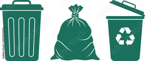 Green Silhouette Icons of Trash Can, Garbage Bag, and Recycling Bin – Waste Disposal and Recycling Symbols for Eco-Friendly Design Projects
