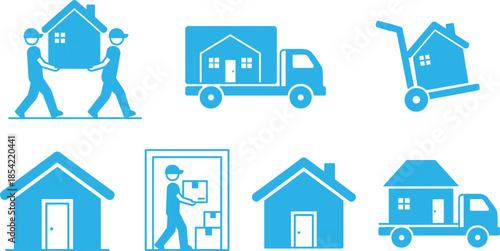 Moving service icon set with house transport, manual labor, and storage visuals for relocation, logistics, and housing-themed design use.