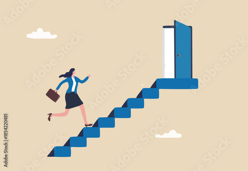 Career opportunity, door step to success, career development or growth and improvement to reach success, job promotion or challenge to grow concept, businesswoman employee walk up stair to open door.