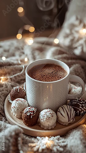Warm drink and sweet treats on a cozy blanket with lights in a soft setting during winter time