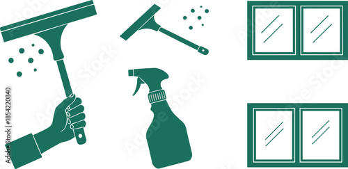 Silhouettes of window cleaning tools including squeegee, spray bottle, and cleaned windows with streaks on white background