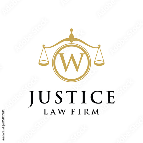 Initial letter W justice law firm logo design, attorney scale of justice legal graphic icon vector template