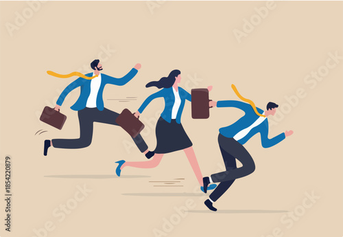 Business rival or competition, challenge to success in work and career, motivation or effort to win the business concept, business people competitor running fast with full effort to finish line.