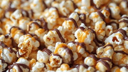 A close-up view of delicious caramel popcorn drizzled with chocolate