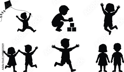 Children silhouettes playing jumping flying kite and building blocks, isolated on white background childhood activity concept vector illustration black design
