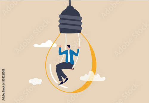 Creativity and imagination to create content, writer or creator inspiration for new idea, think and brainstorm concept, motivated man sitting on swing inside lightbulb idea using pencil drawing cloud.