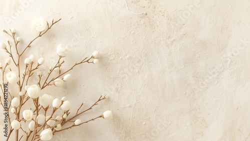A delicate branch with white flowers against a textured beige background
