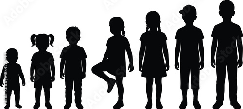 Children silhouettes showing growth stages from toddler to teenager isolated on white background childhood development age progression concept vector illustration