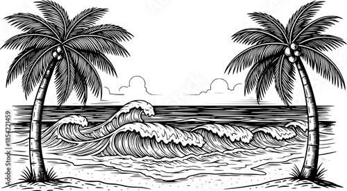 Vintage hand-drawn beach scene featuring palm trees, ocean waves
