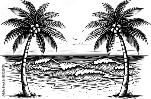 Vintage hand-drawn beach scene featuring palm trees, ocean waves
