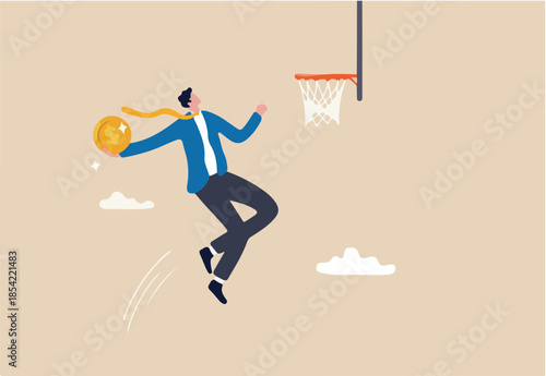 Financial achievement, aiming for savings or investment target, ambition for career development to increase income concept, skillful businessman jumping holding money coin to slam dunk basketball hoop