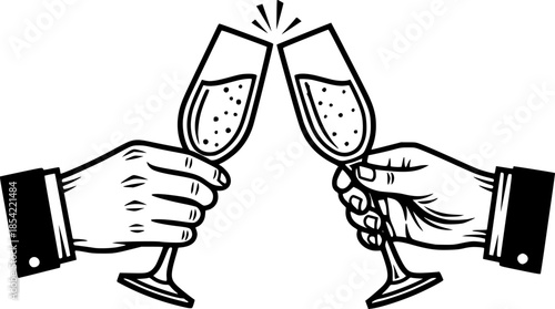 Elegant Woodcut Illustration of Hands Toasting with Champagne Gl
