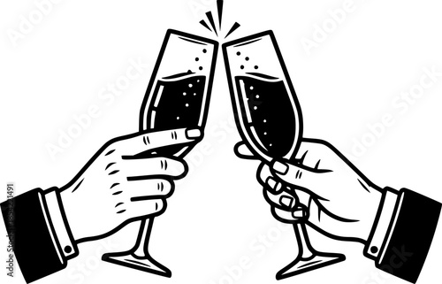Elegant Woodcut Illustration of Hands Toasting with Champagne Gl
