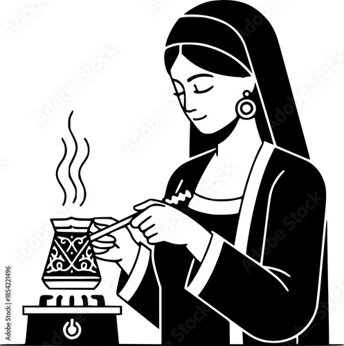 Woman crafting traditional Turkish coffee in ornate copper cezve illustration
