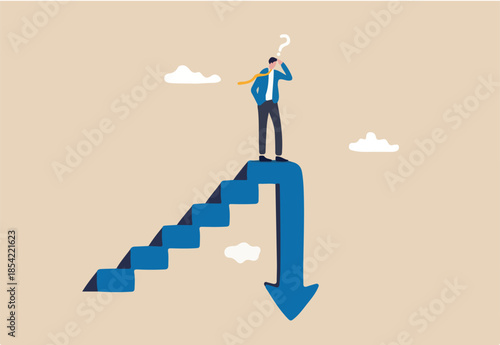 Stock market decline in crisis or bubble burst, investment or economic recession, career dead end or financial risk concept, frustrated businessman investor climb up stair with arrow down on top