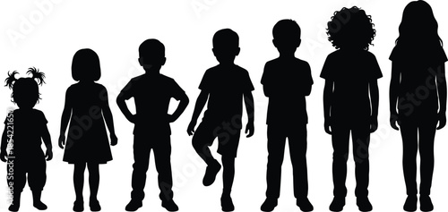 Children silhouettes standing in row showing different ages growth stages isolated on white background childhood development concept vector illustration