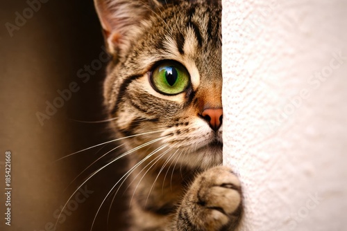 A cat is peeking out from behind a white wall