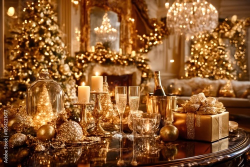 A table is set with gold and silver decorations and a bottle of champagne