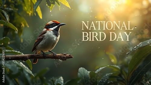 A small bird perches on a branch surrounded by lush greenery on National Bird Day