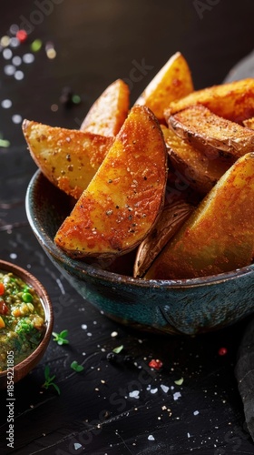 Tapas with fried potato wedges and salsa verde sauce served on a wooden table in a restaurant setting
