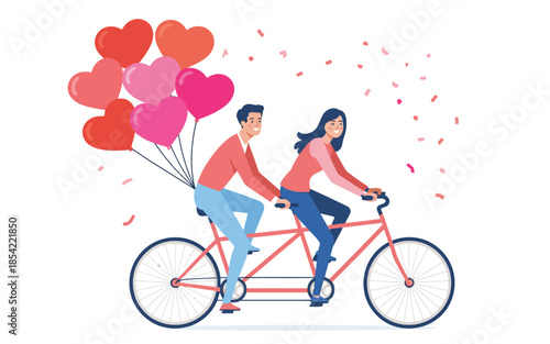 Couple riding tandem bike with heart balloons isolated on white background, Vector, illustration