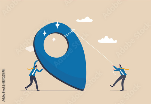 Company establishment, entrepreneurship start new business, create corporate pin in search engine map concept, businessman company founder building office pin making business contact address. 