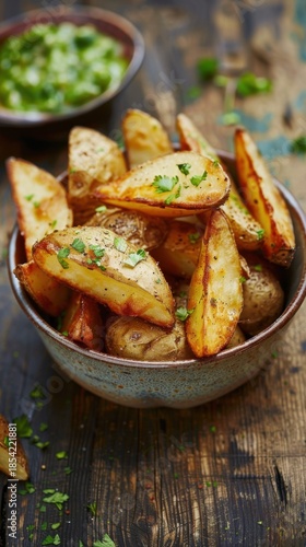 Tapas with fried potato wedges and salsa verde served in a bowl on a rustic wooden table in a cozy dining setting