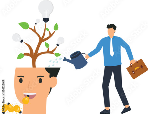 Businessman watering idea tree for personal growth creative ideas and business development. Mindset growth concept with knowledge investment nurturing talent and skill development for innovation.