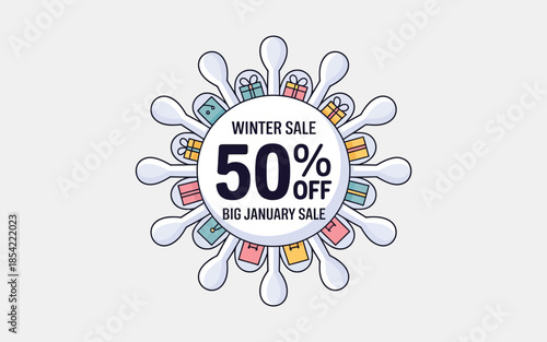 Winter sale 50% off big january sale isolated on white background, Vector, illustration