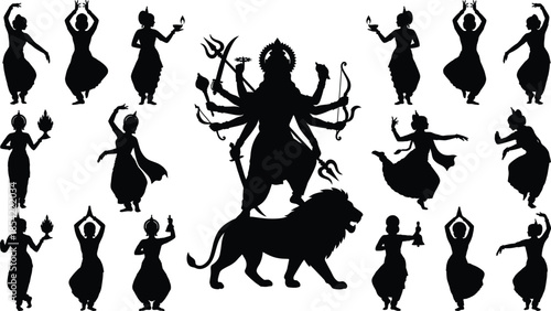 Durga goddess silhouette with lion and traditional Indian dancers isolated on white background, Navratri festival religious illustration, vector black art
