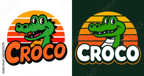 Crocodile Mascot Logo with Retro Sunset Background – Cute Alligator Cartoon Emblem